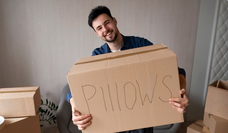 A smiling man holding a moving box